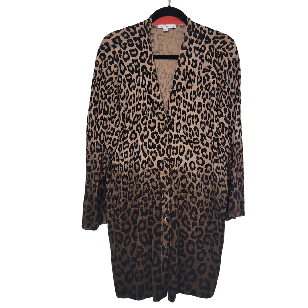 Chicos 3 XL Longline Cardigan Womens Leopard Ombre Button Front V-Neck Brown